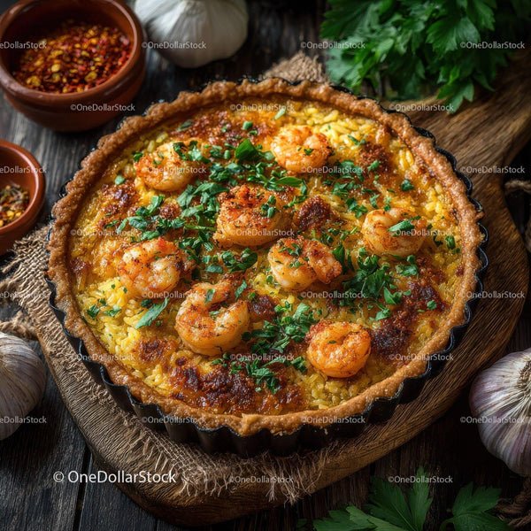 Seafood Shrimp Quiche with Fresh Herbs on Rustic Wooden Table Stock Photo Bundle (36 JPG Files)