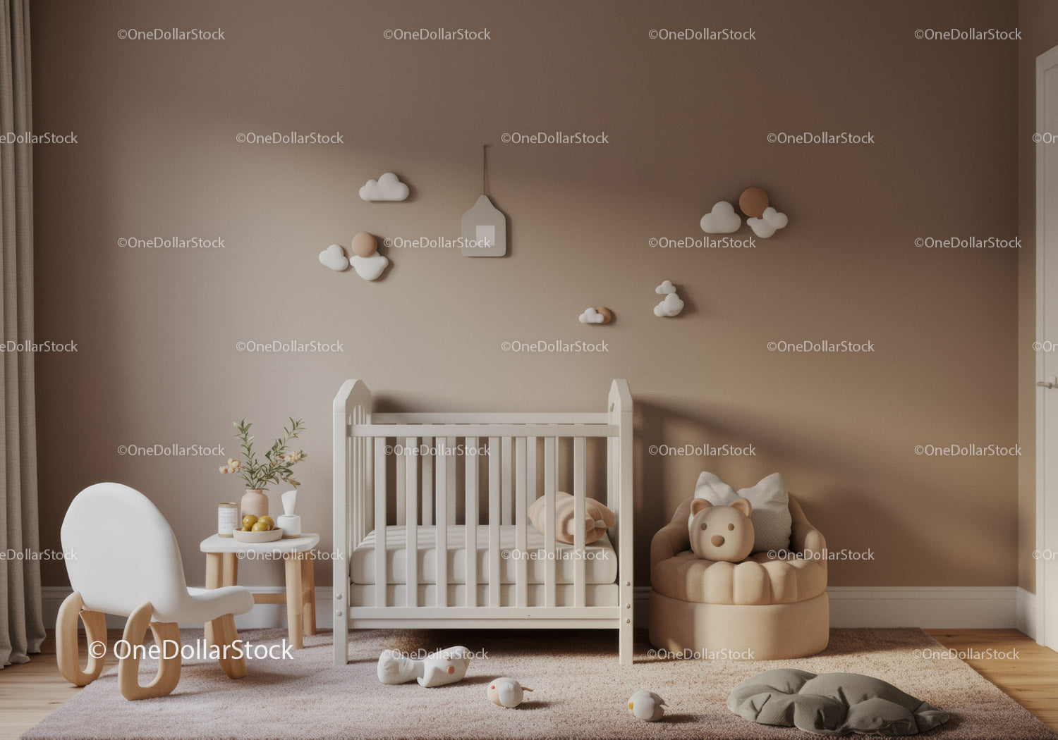 Cozy Baby Nursery with Cloud Wall Hangings and Teddy Bear Cushion