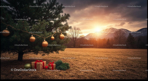 Christmas Ornaments and Gifts Under Pine Tree at Sunset
