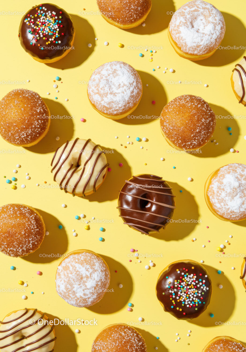Assorted glazed donuts with sprinkles on vibrant yellow