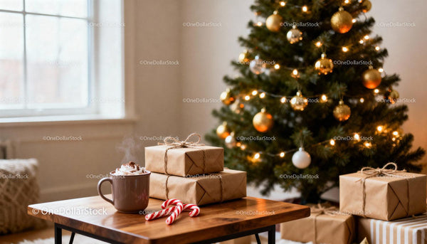 Cozy Christmas setting with gifts and hot cocoa on table