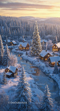 Cozy Winter Village Along Frozen River at Sunset