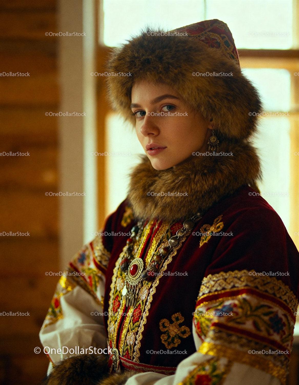Young Woman Wearing Traditional Russian Fur and Embroidered Costume