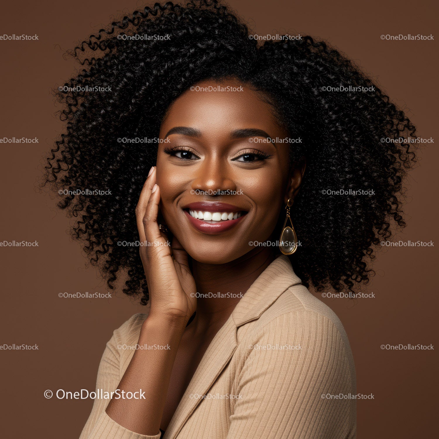 Portrait of a Happy Woman with Curly Hair and Bright Smile