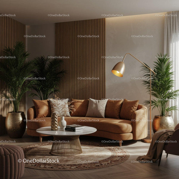 Przytulna brązowa skórzana sofa z nowoczesną dekoracją w salonie