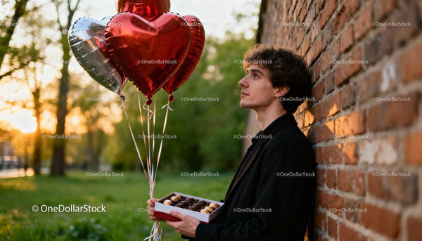 Young man holding chocolates and heart balloons outside