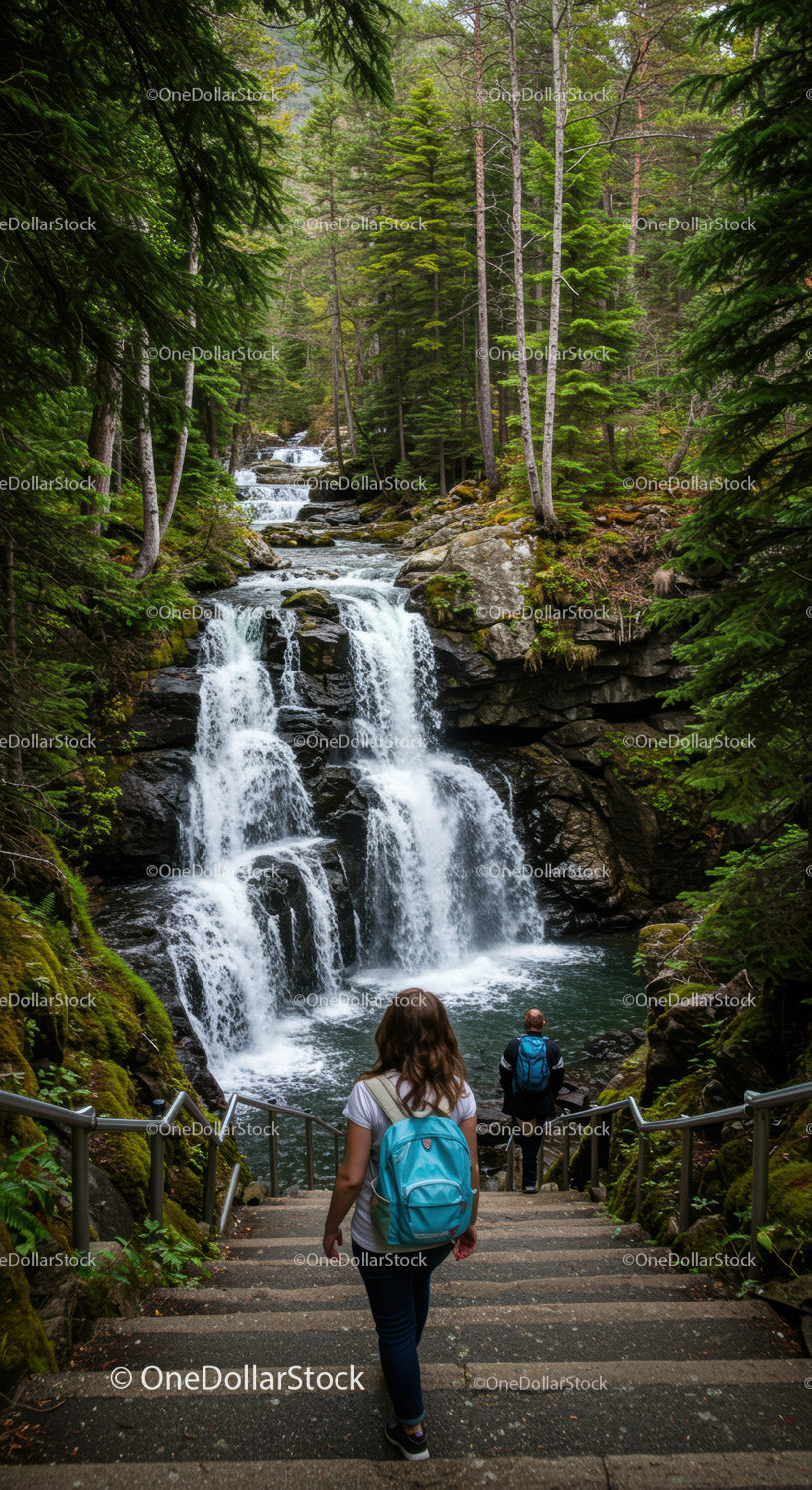 Scenic Forest Waterfall with Hiking Trail and Lush Greenery
