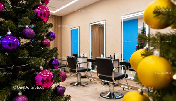 Modern salon with festive Christmas tree decorations