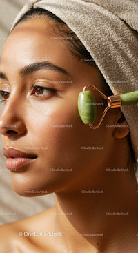 Close-up of a Woman with Jade Roller Facial Treatment for Glowing Skin