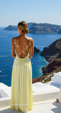 Woman enjoying stunning seaside view in elegant dress