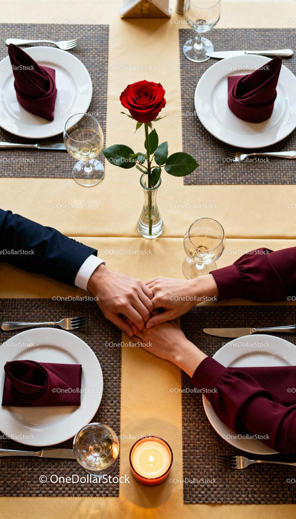 Couple Holding Hands Over Romantic Dinner Table