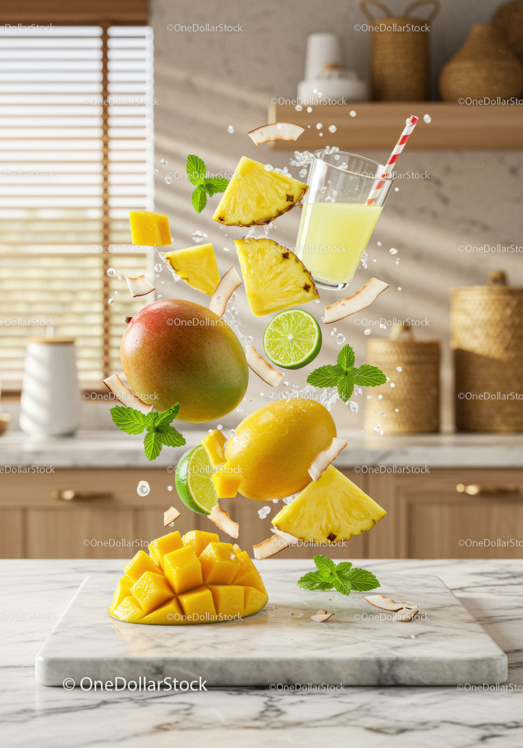 Fresh tropical fruits and juice splash in kitchen