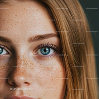 Close up of young woman with freckles and blue eyes