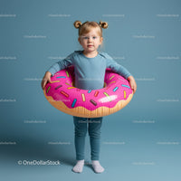 Little girl standing with colorful inflatable donut float