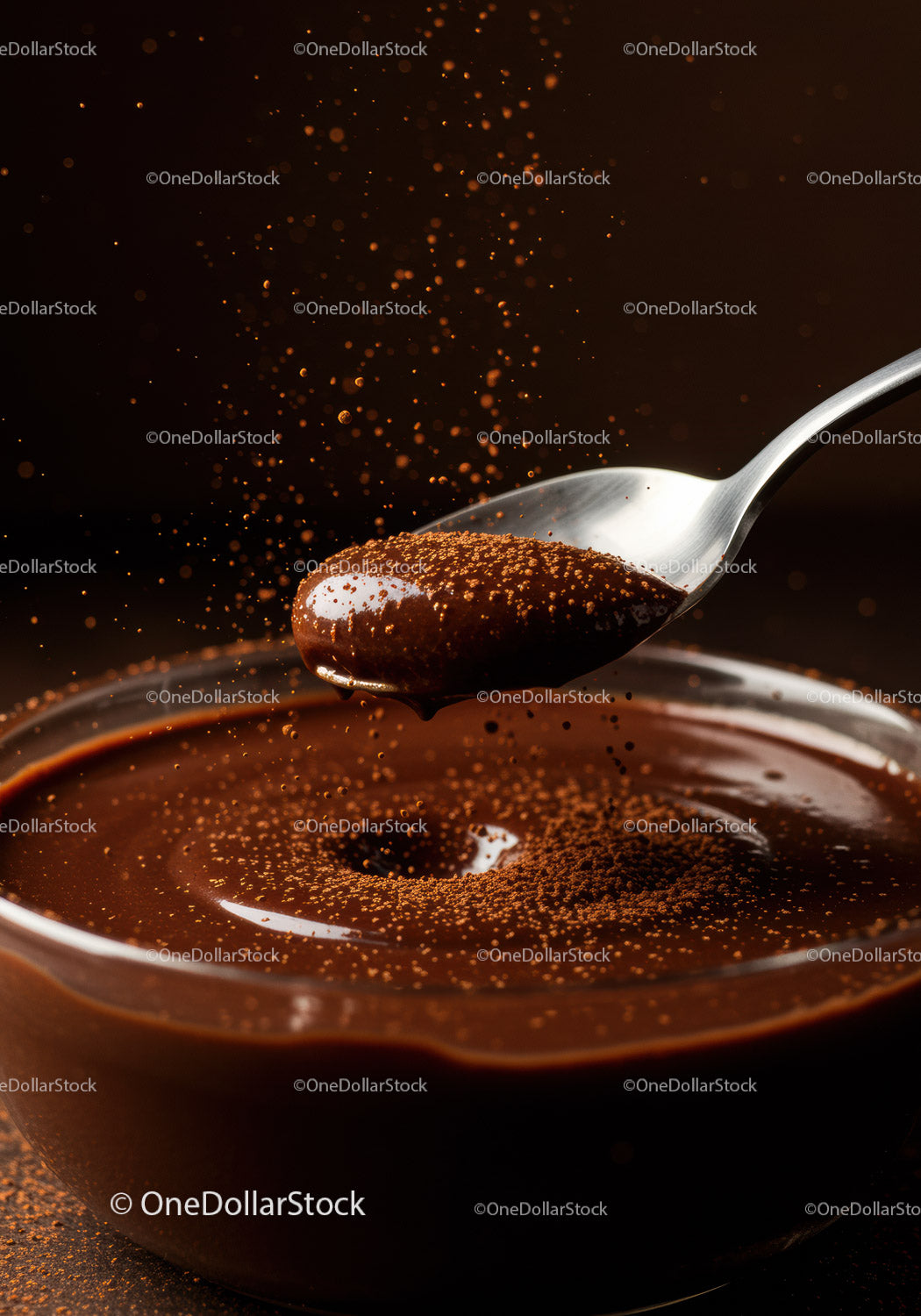 Rich chocolate sauce with cocoa powder dusting on spoon