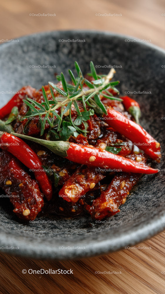 Spicy Chili Sauce with Red Chili Peppers and Rosemary Garnish