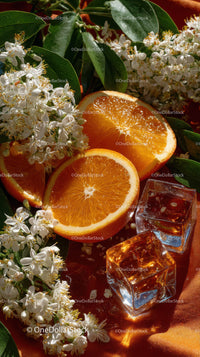 Bright Orange Slices with Ice Cubes and White Flower Blossoms