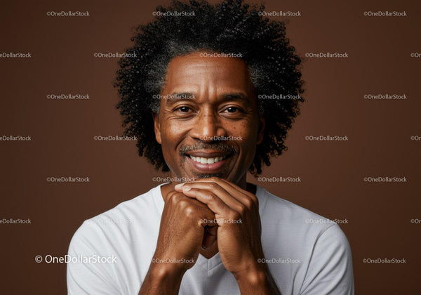 Szczęśliwy dojrzały mężczyzna z afro i ciepłym uśmiechem w studio