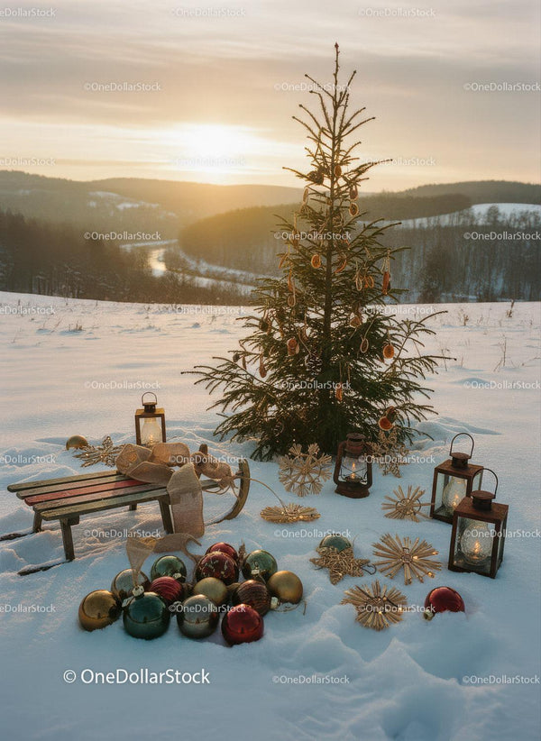 Cozy Winter Scene with Vintage Sled and Christmas Decor