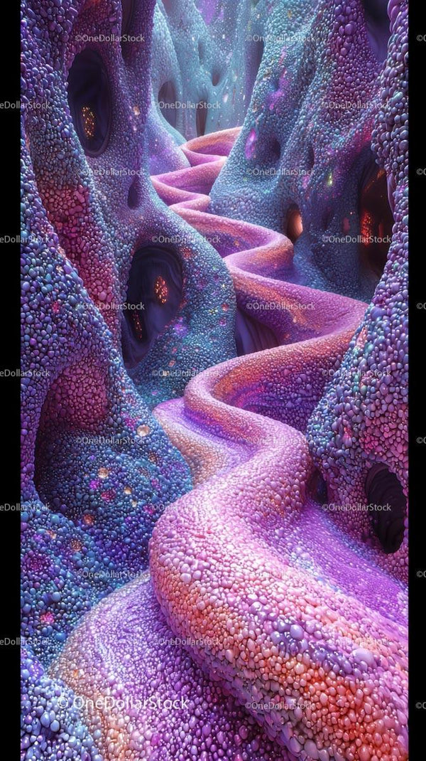 Vibrant Surreal Cave With Glowing Textures and Psychedelic Colors