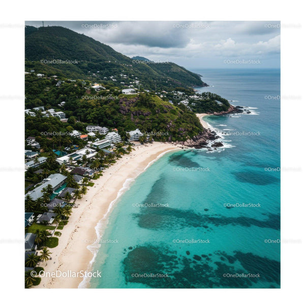 Tropical Seaside Beach with Palm Trees and Hills Scenic View