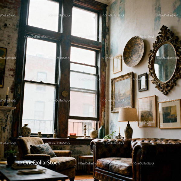 Przytulny Vintage Salon z Klasyczną Sofą Skórzaną
