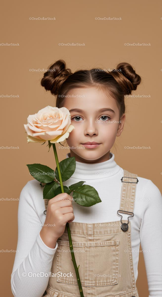 Young Girl with Pale Peach Rose Portrait on Soft Beige Background