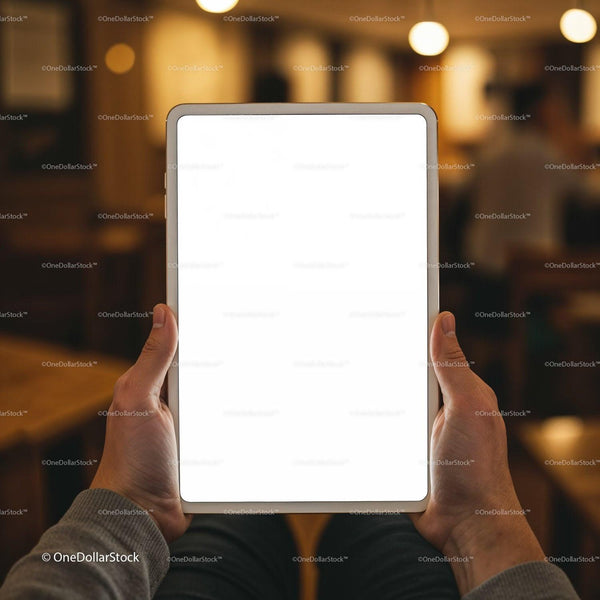Hands Holding Blank Tablet in Cozy Indoor Setting JPG Mockup Image