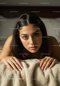Young Woman with Dark Hair and Expressive Eyes Lying on Cozy Beige Blanket