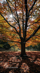 Sunlight filtering through vibrant autumn tree canopy