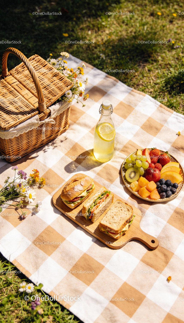 Słoneczny piknik na świeżym powietrzu z owocami i kanapkami