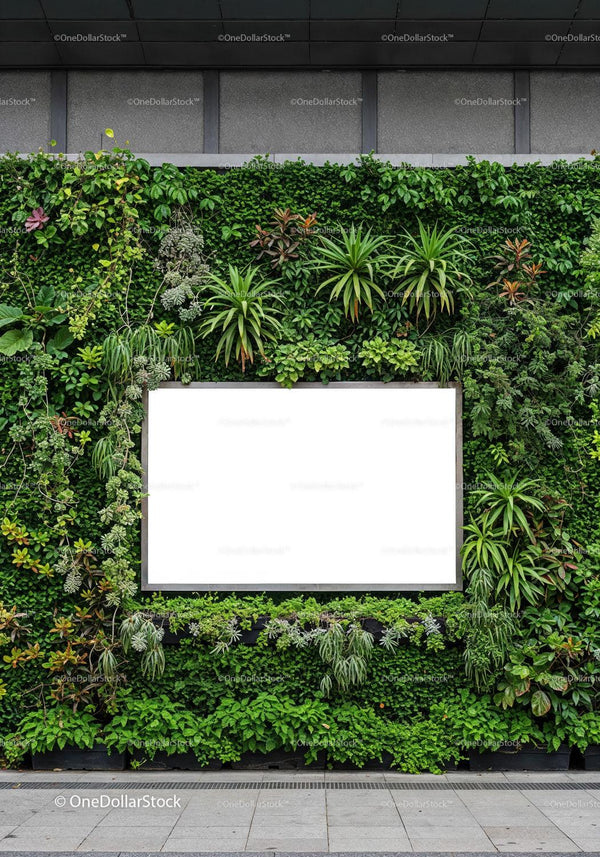 Green vertical garden with blank white billboard display JPG Mockup Image