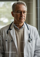Senior Male Doctor in Medical Coat with Stethoscope in Clinical Setting