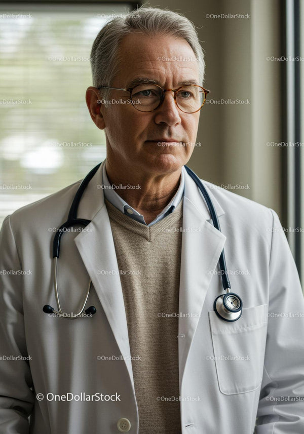Starszy Mężczyzna Lekarz w Białym Fartuchu ze Stetoskopem w Klinicznym Otoczeniu