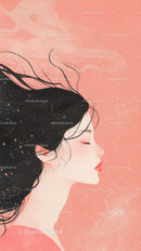 Elegant Artistic Profile of Woman with Flowing Hair on Pink Background