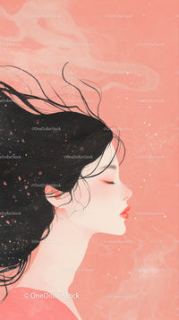 Elegant Artistic Profile of Woman with Flowing Hair on Pink Background