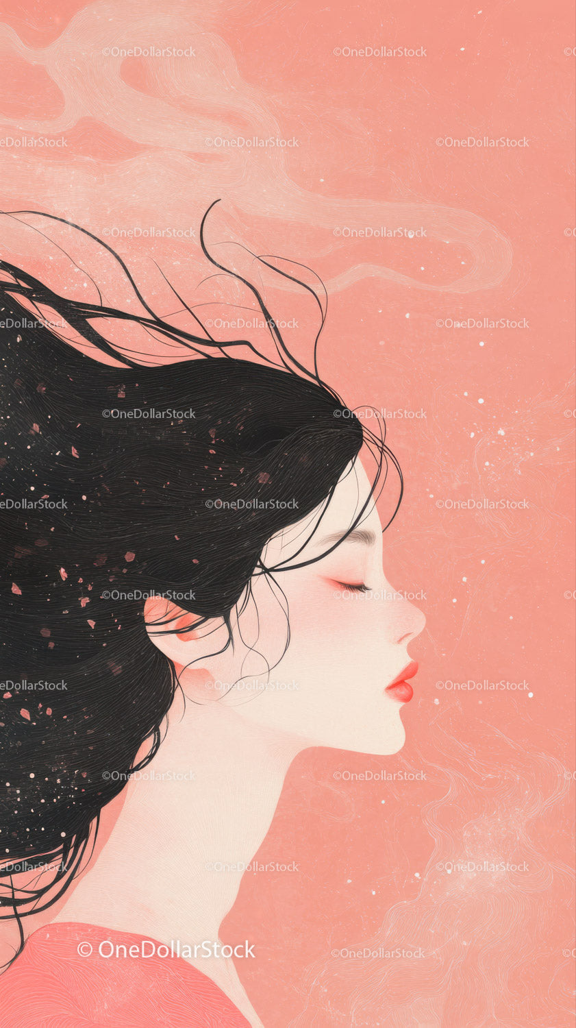 Elegant Artistic Profile of Woman with Flowing Hair on Pink Background