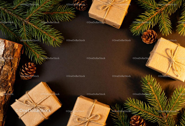 Natural Christmas gifts with pinecones and fir branches
