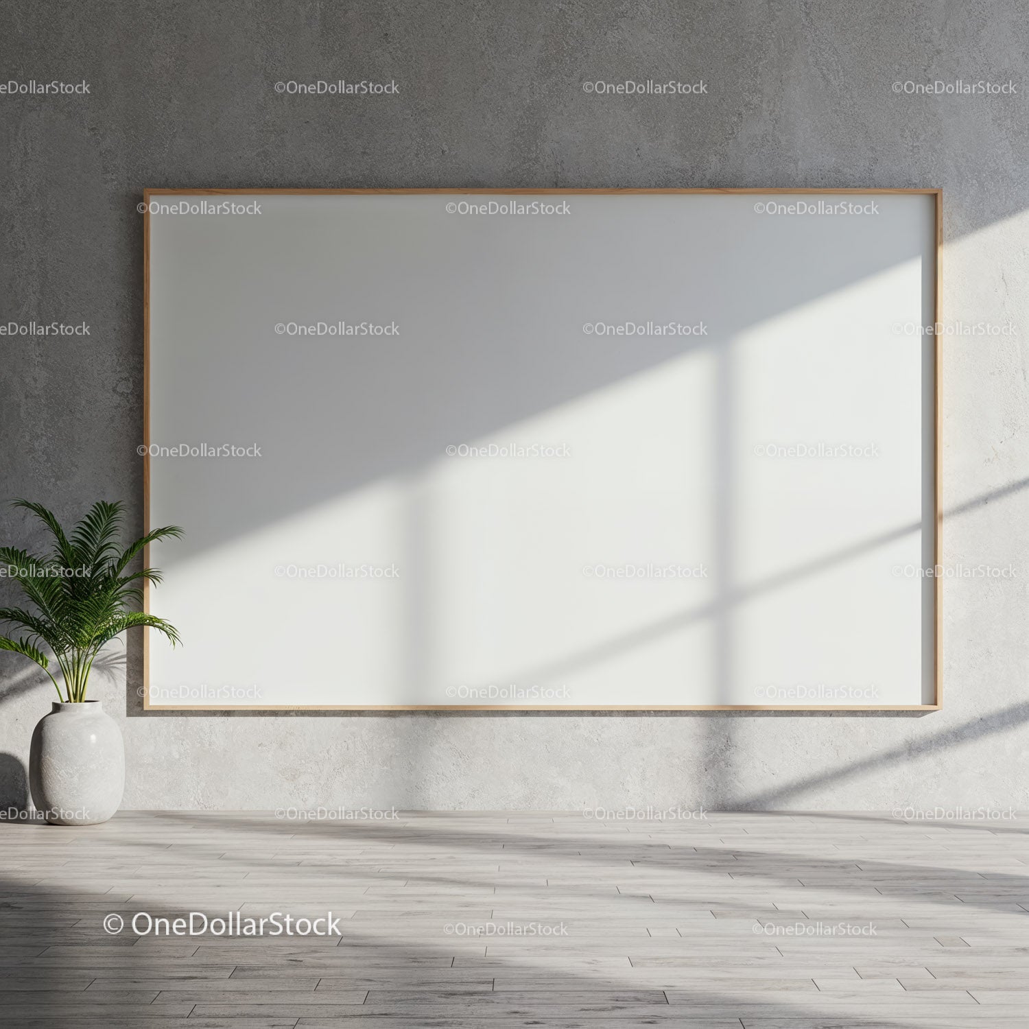 Minimalist interior with large blank canvas and potted plant