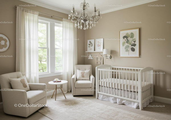 Elegant Nursery Room with White Crib and Cozy Armchair