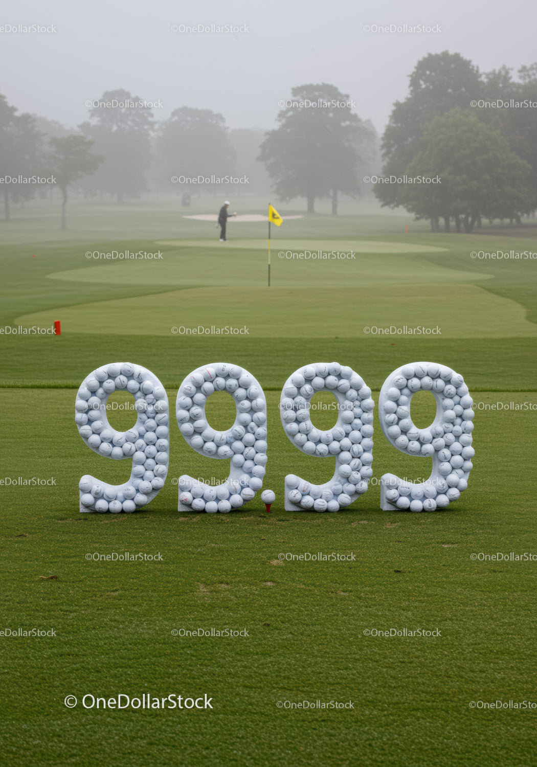 Golf balls shaped into 9999 on foggy course