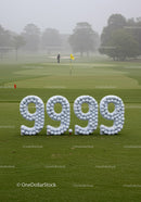 Golf balls shaped into 9999 on foggy course