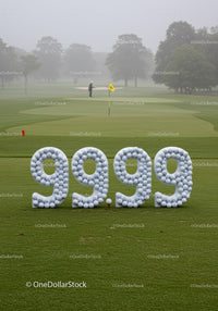 Golf balls shaped into 9999 on foggy course