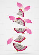 Sliced Dragon Fruit with Pink Petals Floating