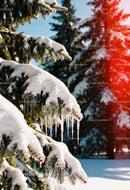 Snow-covered pine branches with icicles in winter forest