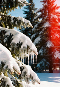 Snow-covered pine branches with icicles in winter forest