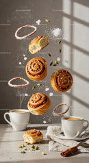 Fresh cinnamon rolls with coffee and spices in warm light