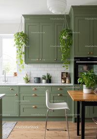 Modern Green Kitchen with Hanging Plants and Wooden Dining Table