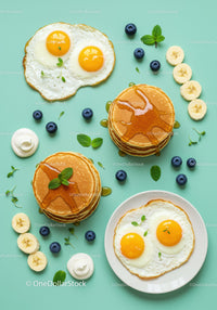 Sunny side up eggs with pancakes and fresh fruit breakfast