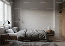 Modern Bedroom Interior with Gray Bedding and Wooden Furniture